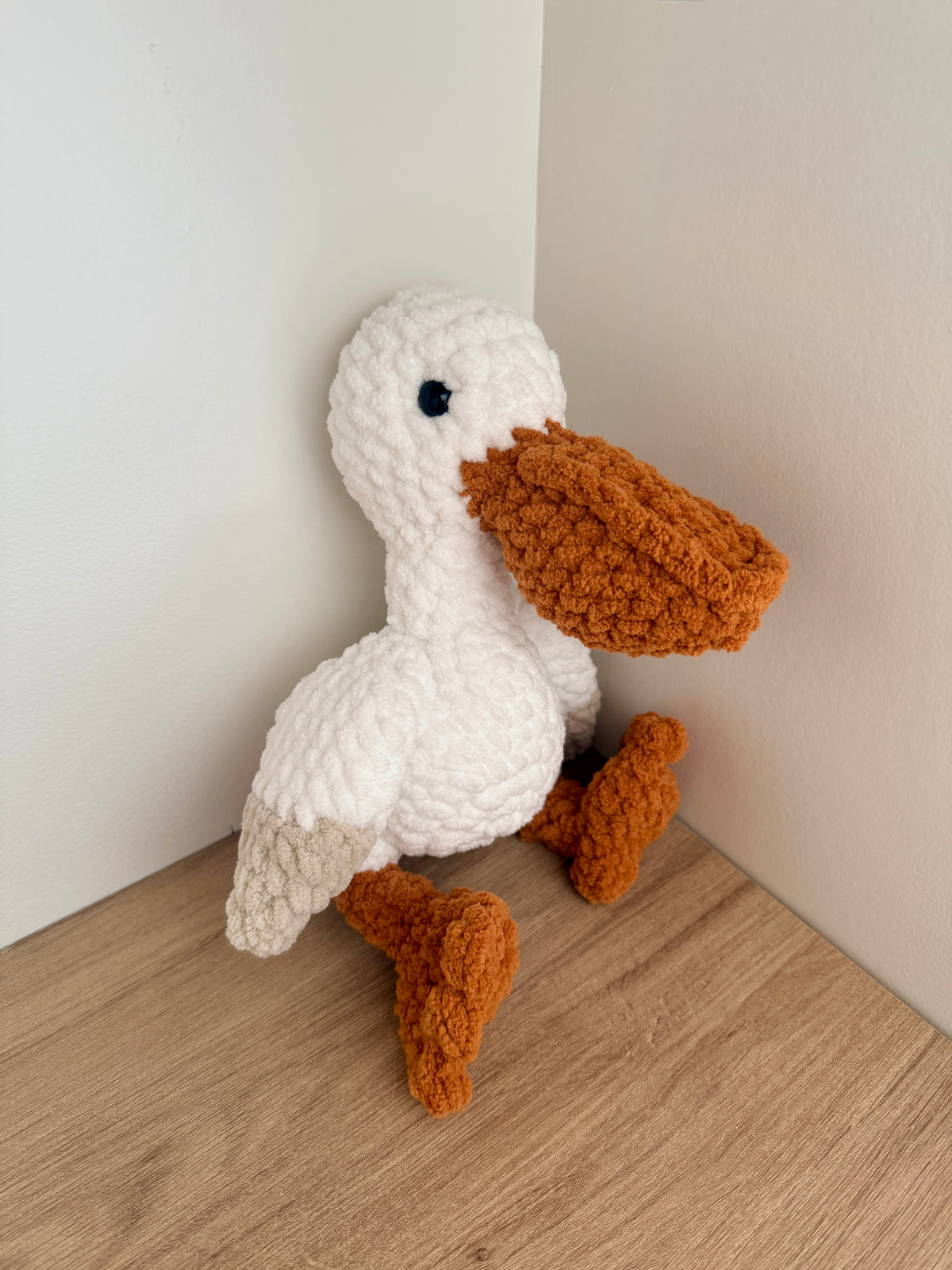 handmade crochet stuffed pelican plushie